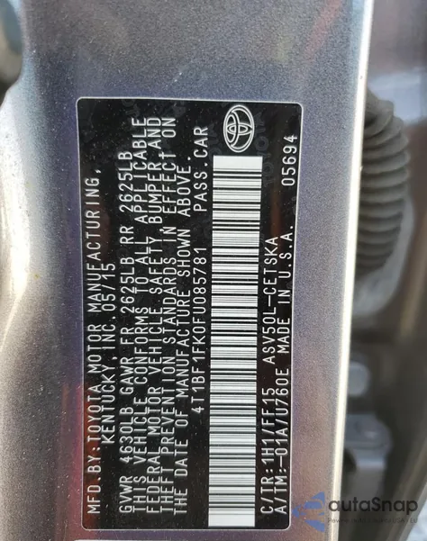 2015 Toyota Camry Le из США, поврежденный, VIN 4T1BF1FK0FU085781